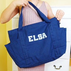 Personalized Extra large Canvas Tote Bag, Work and Travel Computer Bag, Large Shopping Bag with Zipper and Pockets Blue
