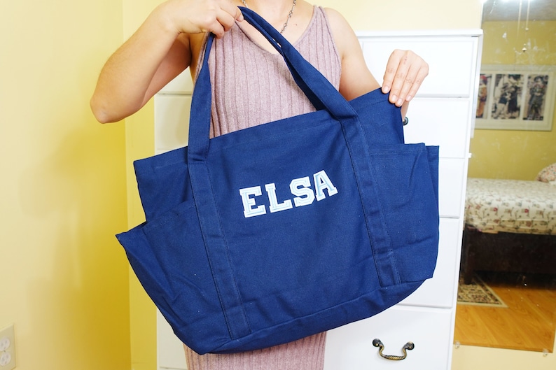 Personalized Extra large Canvas Tote Bag, Work and Travel Computer Bag, Large Shopping Bag with Zipper and Pockets Blue