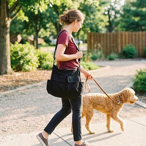 May include: A black messenger bag with multiple pockets is carried over the shoulder. A person walks a golden doodle dog on a leash along a sidewalk. The scene is outdoors with trees and a park bench in the background.