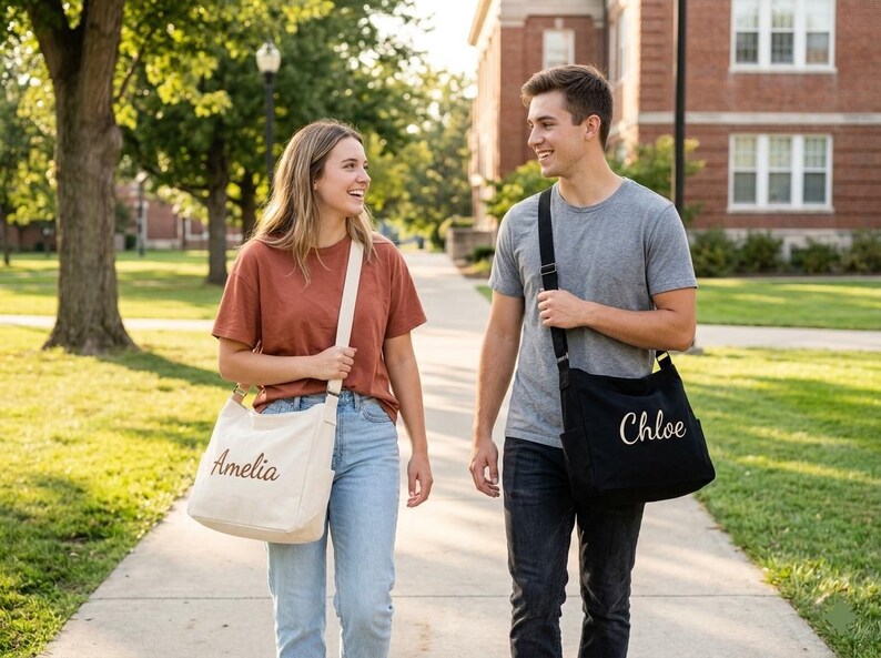 May include: Two people walking on a path, each carrying a personalized canvas messenger bag. One bag is off-white with "Amelia" embroidered, the other is black with "Chloe". They are wearing casual clothes.
