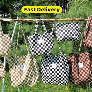 Personalized Embroidery Corduroy Plaid Tote Bag, Lunch Bag and Makeup Bag, Courdory Tote Bag，Cosmetic Purse，Toiletry Travel.
