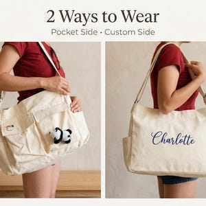 May include: Cream-colored canvas tote bag with multiple pockets and a long shoulder strap. One side features a panda bear applique, the other side has the name "Charlotte" in navy blue script. The text "2 Ways to Wear" is at the top.