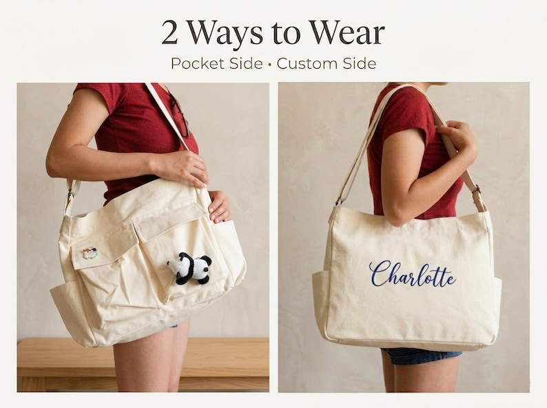 May include: Cream-colored canvas tote bag with multiple pockets and a long shoulder strap. One side features a panda bear applique, the other side has the name "Charlotte" in navy blue script. The text "2 Ways to Wear" is at the top.