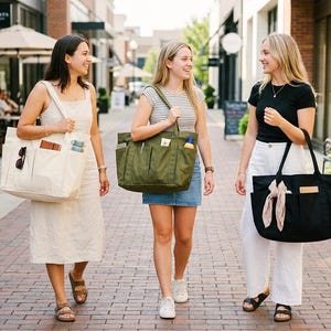 May include: Three women walking outdoors, each carrying a tote bag. One bag is off-white, one is olive green, and the other is black. The bags have multiple pockets and are filled with various items. The women are smiling and appear to be enjoying a day out.