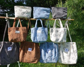 Personalized Corduroy Smiley Face Tote Bag: Embroidered Lunch or Makeup Bag