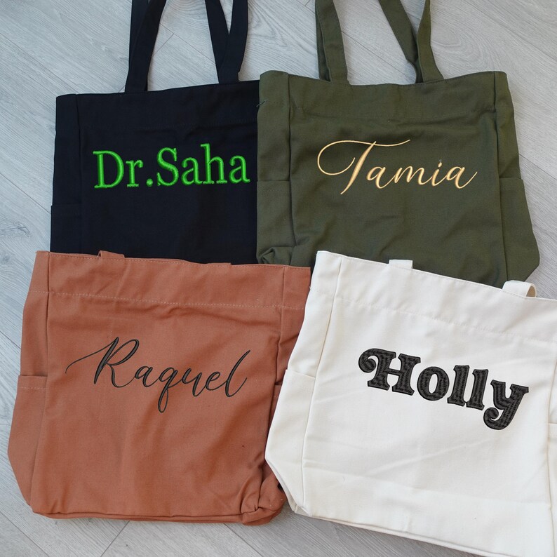 Bolsa de lona bordada: Bolsa grande com zíper para escola, laptop e viagens. imagem 10