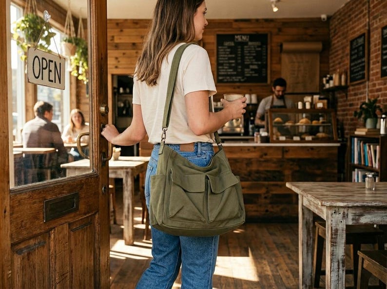 May include: A woman in a cafe, carrying a large olive green canvas shoulder bag with multiple pockets. The bag has a long adjustable strap. The cafe has wooden tables and chairs, and a sign in the window reads "OPEN".
