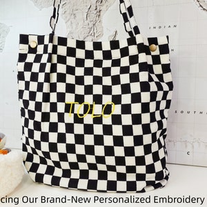 Personalisierte Cord Plaid Einkaufstasche: Gestickte Initiale, Laptop-kompatibel Bild 2
