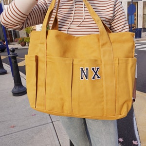 Personalized Extra large Canvas Tote Bag, Work and Travel Computer Bag, Large Shopping Bag with Zipper and Pockets Yellow