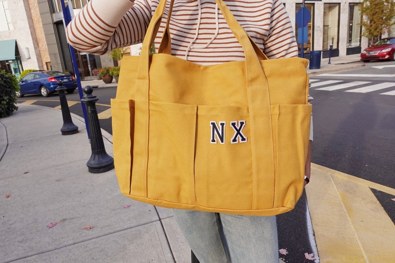 Personalized Extra large Canvas Tote Bag, Work and Travel Computer Bag, Large Shopping Bag with Zipper and Pockets Yellow