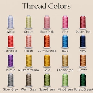 May include: A color chart titled "Thread Colors" displays 24 thread spools in various colors, including black, white, red, and blue. The chart also includes shades of pink, orange, green, and brown, with each color labeled below the spool.