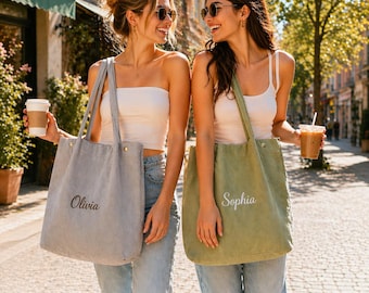 Custom Name Corduroy Tote Bag, Personalized Tote Bag Gift for Her, Bridesmaid Gift Tote, Cute Aesthetic Everyday Bag, Custom Shoulder Tote