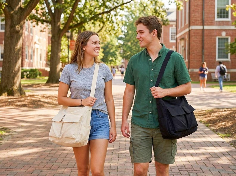 May include: Two people walking on a brick path, smiling at each other. The person on the left is wearing a gray t-shirt, denim shorts, and a beige messenger bag. The person on the right is wearing a green shirt, khaki shorts, and a black messenger bag.