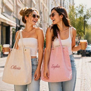 Personalized Corduroy Tote Bag, Aesthetic Embroidered Name Tote, Cute Everyday Shoulder Bag, Custom Gift for Her, School Tote