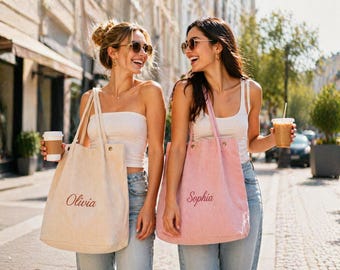 Bolsa de veludo cotelê personalizada, bolsa com nome bordado, bolsa de ombro charmosa para o dia a dia, presente personalizado para ela, bolsa escolar.