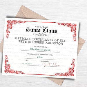 Certificado EDITÁVEL de adoção de renas de animais de estimação elfos, personalizado do Papai Noel, carta para impressão da mesa do Papai Noel, edite usando Canva