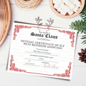 INSTANT DOWNLOAD & PRINT Certificaat van Elf Pets Rendier Adoptie, vanaf het bureau van de Kerstman Afdrukbaar certificaat