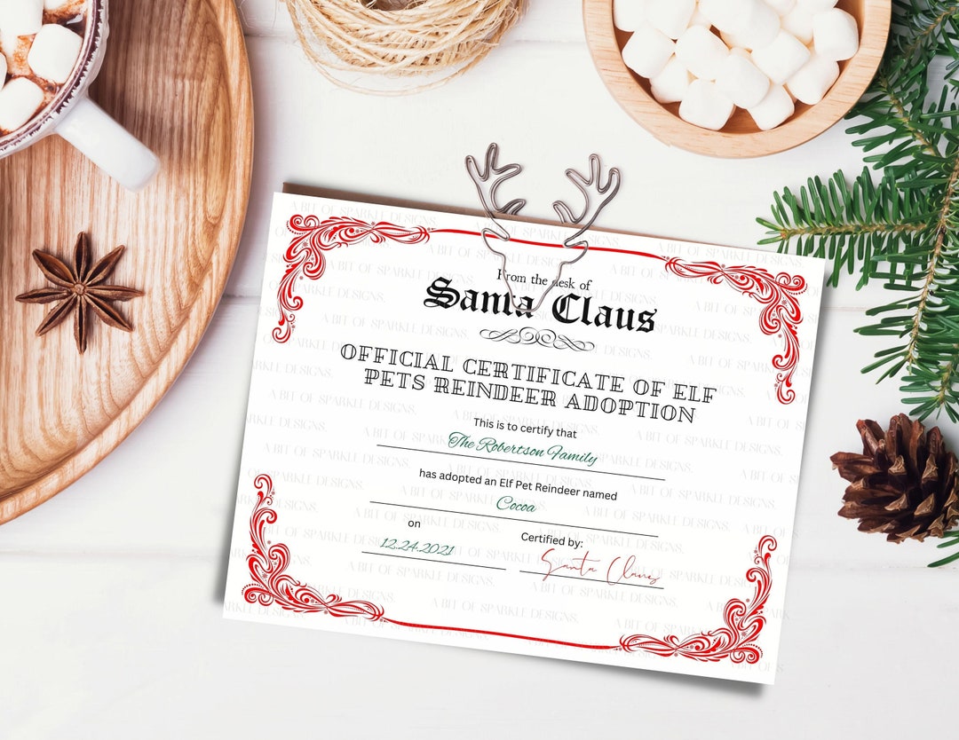 INSTANT DOWNLOAD &amp; PRINT Certificate of Elf Pets Reindeer Adoption, From the Desk of Santa Claus ...