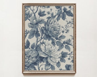 Blue Botanical Toile Art Print – Vintage French Floral Printable Wall Art – Digital Download
