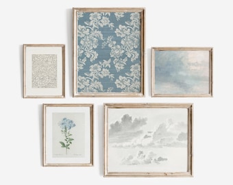 Juego de 5 cuadros de pared vintage en azul francés, decoración de estilo rústico (descarga digital)