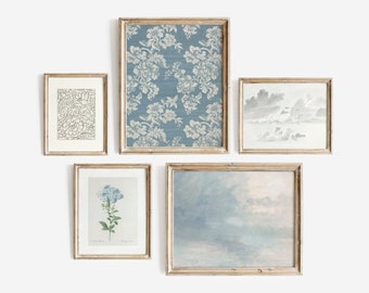 Blue French Cottage Gallery Wall | Set of 5 Prints | Printable Digital Download | Botanical Sketch | Blue Textile | Watercolor