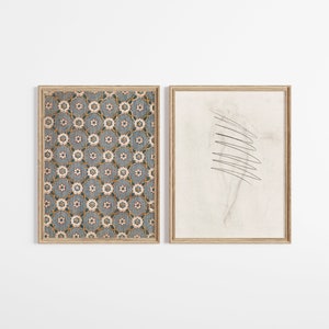 Set of 2 Neutral Vintage Prints | Muted Floral Textile Print | Minimalist Abstract Figure Drawing | Printable Wall Art Set