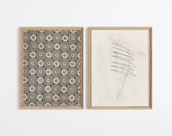 Vintage Floral & Abstract Figure Prints: Neutral Wall Art Set (Digital Download)