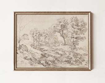 Vintage Landscape Drawing: Neutral Brown Ink Tree Sketch (Printable Wall Art)