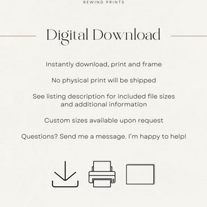 Puede incluir: Gr&aacute;fico de descarga digital con una flecha de descarga, un icono de impresora y un icono de marco. El texto dice "Descarga digital" e incluye instrucciones para descargar, imprimir y enmarcar la imagen. Tambi&eacute;n indica que no se enviar&aacute; ninguna impresi&oacute;n f&iacute;sica y que los tama&ntilde;os personalizados est&aacute;n disponibles a pedido.