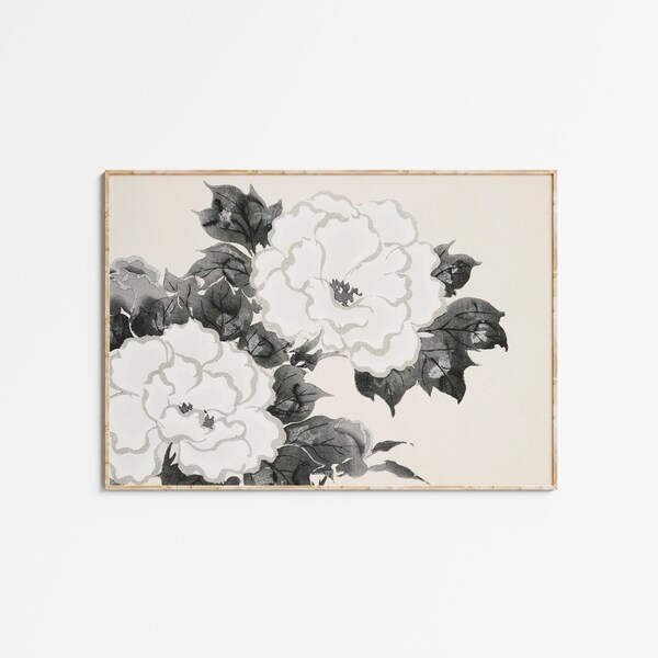 Vintage Cream Neutral Botanical Art Print | Printable Art | Black and White Floral Painting