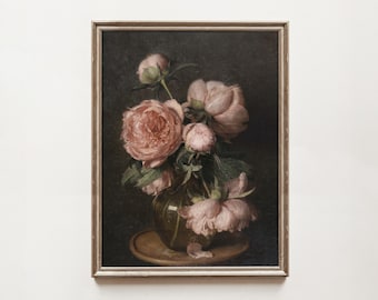 Vintage Floral Still Life Print: Pink Roses in Vase (Digital Download)