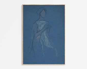 Antique Blue Drawing of Woman | Vintage Abstract Sketch | Printable Digital Download