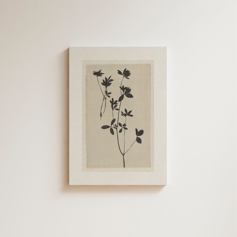 May include: A black and white silhouette of a clover plant with multiple leaves and flowers on a beige background.