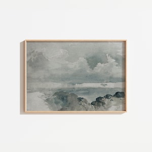 Vintage Muted Coastal Watercolor Painting Printable, Antique Landscape Digital Art