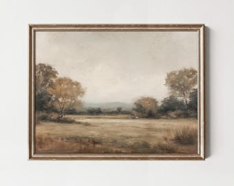 Muted Landscape Painting | Vintage Country Landscape Art | Beige Field Watercolor | Printable Digital Download