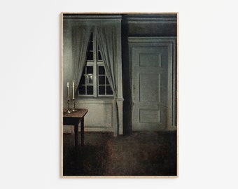 Vintage Moody Still Life Painting | PRINTABLE Art | Dark Victorian Antique Wall Art | Painting of House with Candlelight