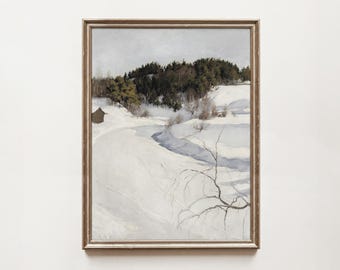 Vintage Winter Landscape Painting: Muted Cabin Scene (Digital Download) Christmas Holiday Art