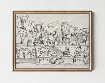 Vintage Cityscape Sketch: Black Ink Abstract Art (Printable)
