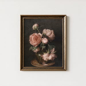 Vintage Floral Still Life Print: Pink Roses in Vase (Digital Download)