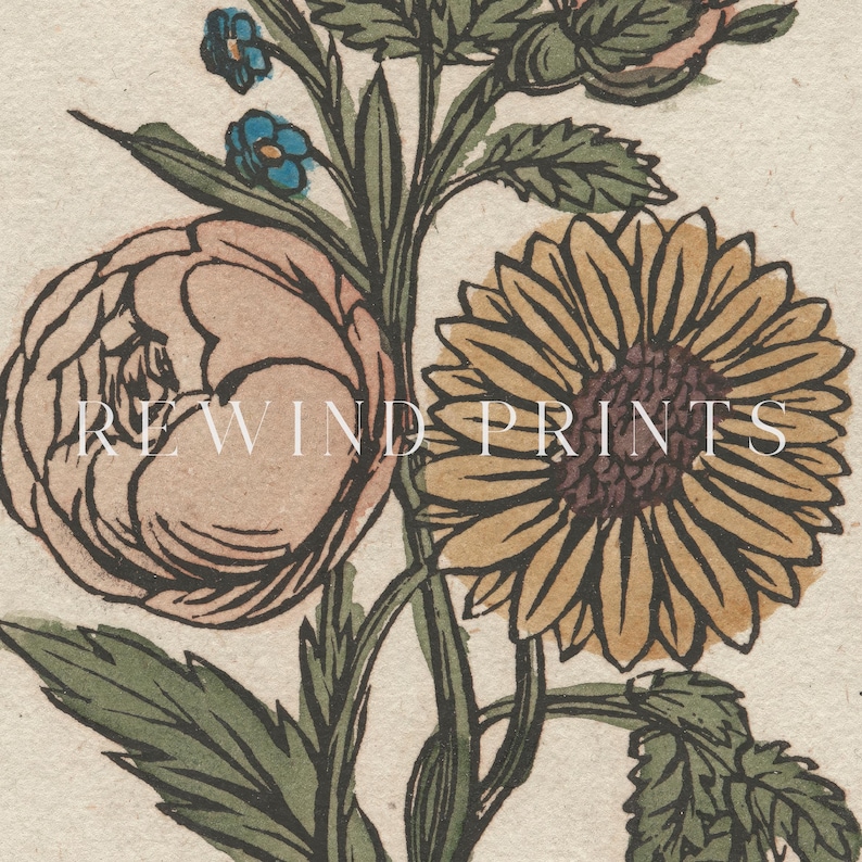 May include: A vintage botanical illustration featuring a sunflower with yellow petals and a brown center, a pink flower with a delicate pink and white design, and blue flowers with green leaves. The illustration is on a cream-colored background.