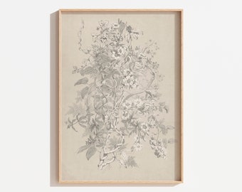 Vintage Floral Sketch Art Print: Neutral Botanical Drawing (Digital Download)