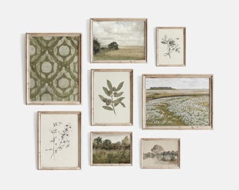 Vintage French Green Gallery Wall Art: Botanical Landscape Prints (Digital Download)