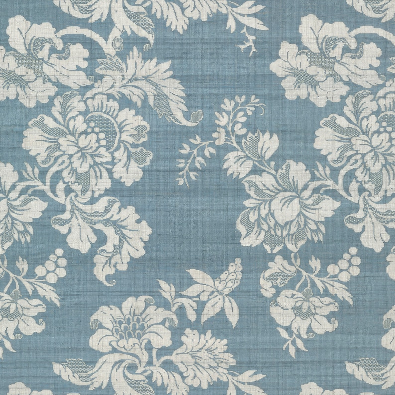 Puede incluir: Un patr&oacute;n floral blanco sin costuras sobre un fondo azul claro. El patr&oacute;n presenta detalles intrincados y una est&eacute;tica vintage.