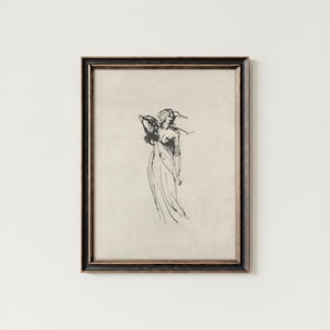 Vintage Ink Sketch Drawing of Woman: Minimalist Black and Beige Art (Digital Download)