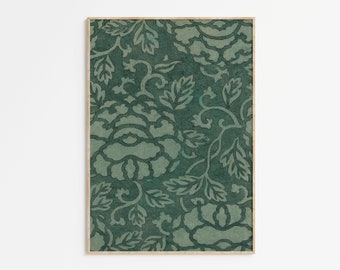 Vintage Green Floral Pattern | Antique Floral Drawing | Dark Green Cottage Style | Digital Download