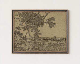 Vintage Tree Landscape Drawing: Rustic Farmhouse Antique Print (Digital Download)