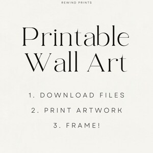 May include: Printable wall art text graphic with instructions: 1. Download files, 2. Print artwork, 3. Frame!