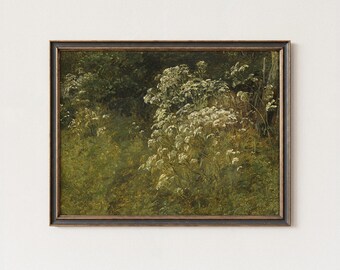 Vintage Green Landscape Painting: Farmhouse Cottage Art (Digital Download)