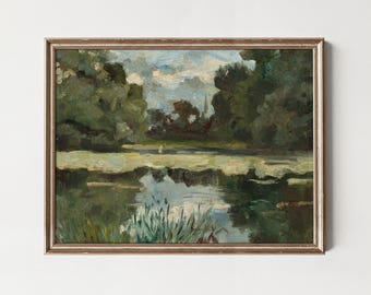 Vintage Impressionist Landscape Print – Moody European River Scene – Antique Oil Painting Digital Download