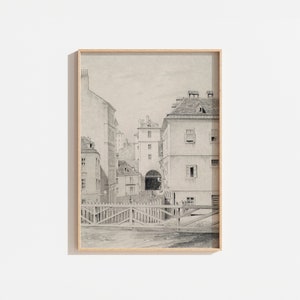 Vintage Cityscape Ink Drawing | Beige and Black Neutral Wall Art | Antique Drawing | Printable Downloadable Art